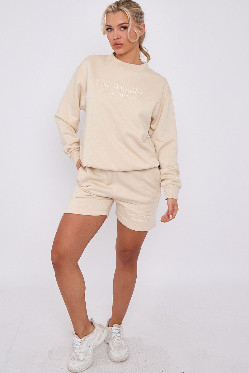 Beige Embroidered Los Angeles Sweatshirt & Shorts Set - Maci - Storm Desire