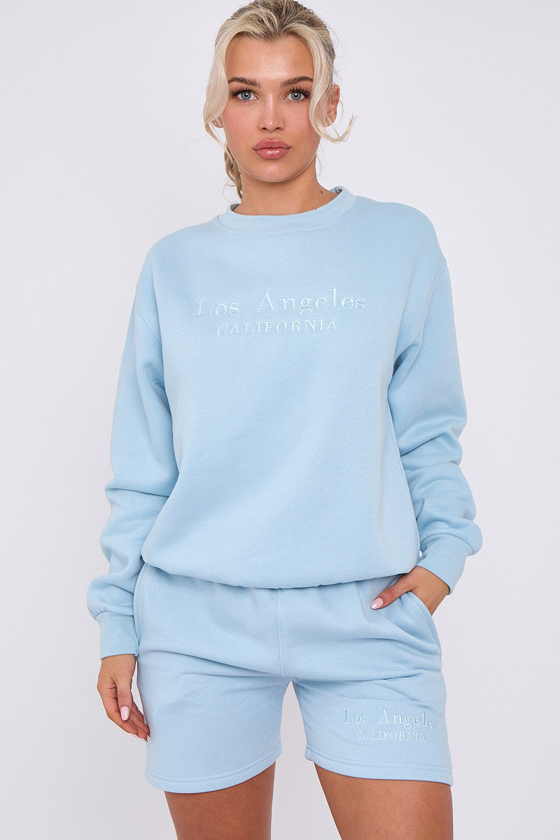Baby Blue Embroidered Los Angeles Sweatshirt & Shorts Set - Maci - Storm Desire