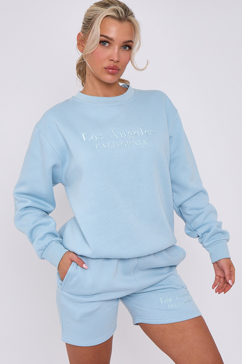 Baby Blue Embroidered Los Angeles Sweatshirt & Shorts Set - Maci - Storm Desire