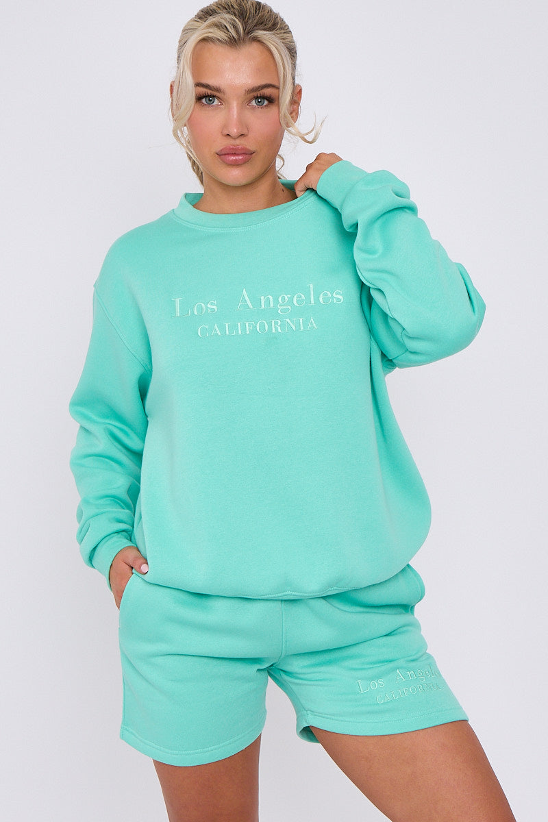 Aqua Green Embroidered Los Angeles Sweatshirt & Shorts Set - Maci - Storm Desire