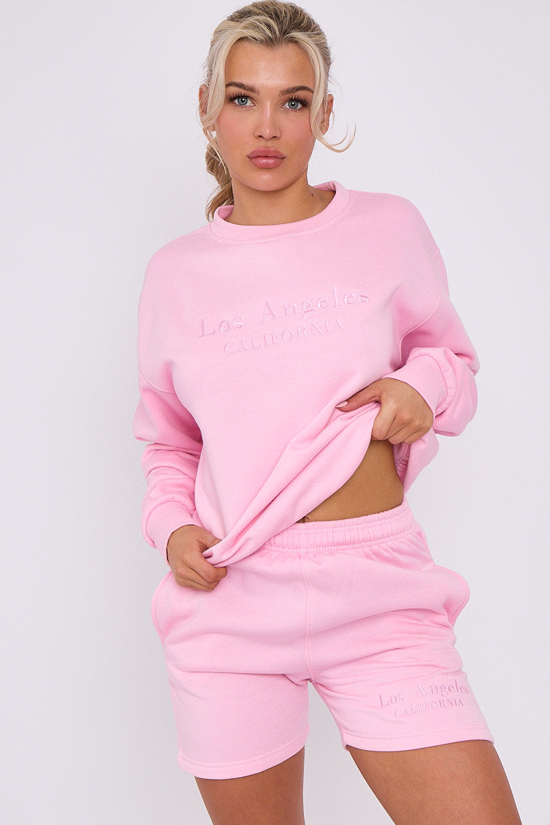Baby Pink Embroidered Los Angeles Sweatshirt & Shorts Set - Maci - Storm Desire