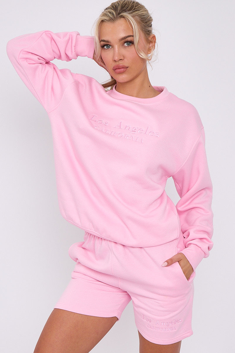 Baby Pink Embroidered Los Angeles Sweatshirt & Shorts Set - Maci - Storm Desire