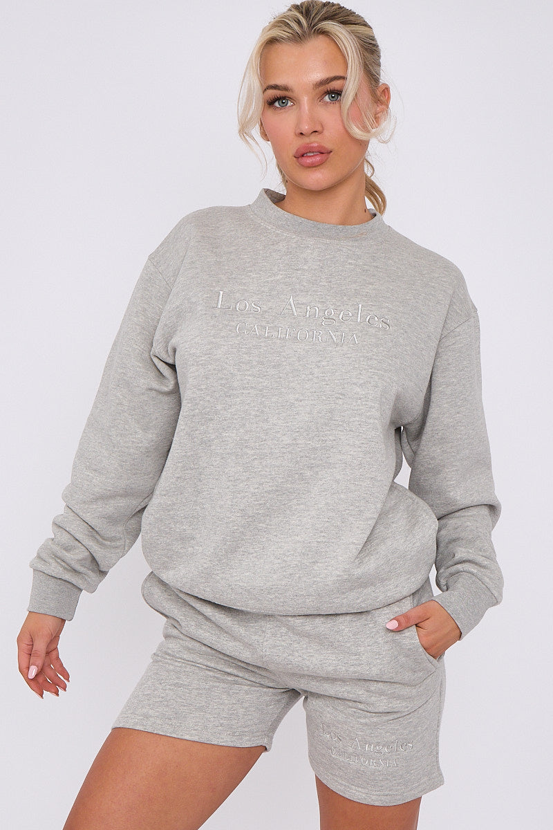 Grey Embroidered Los Angeles Sweatshirt & Shorts Set - Maci - Storm Desire