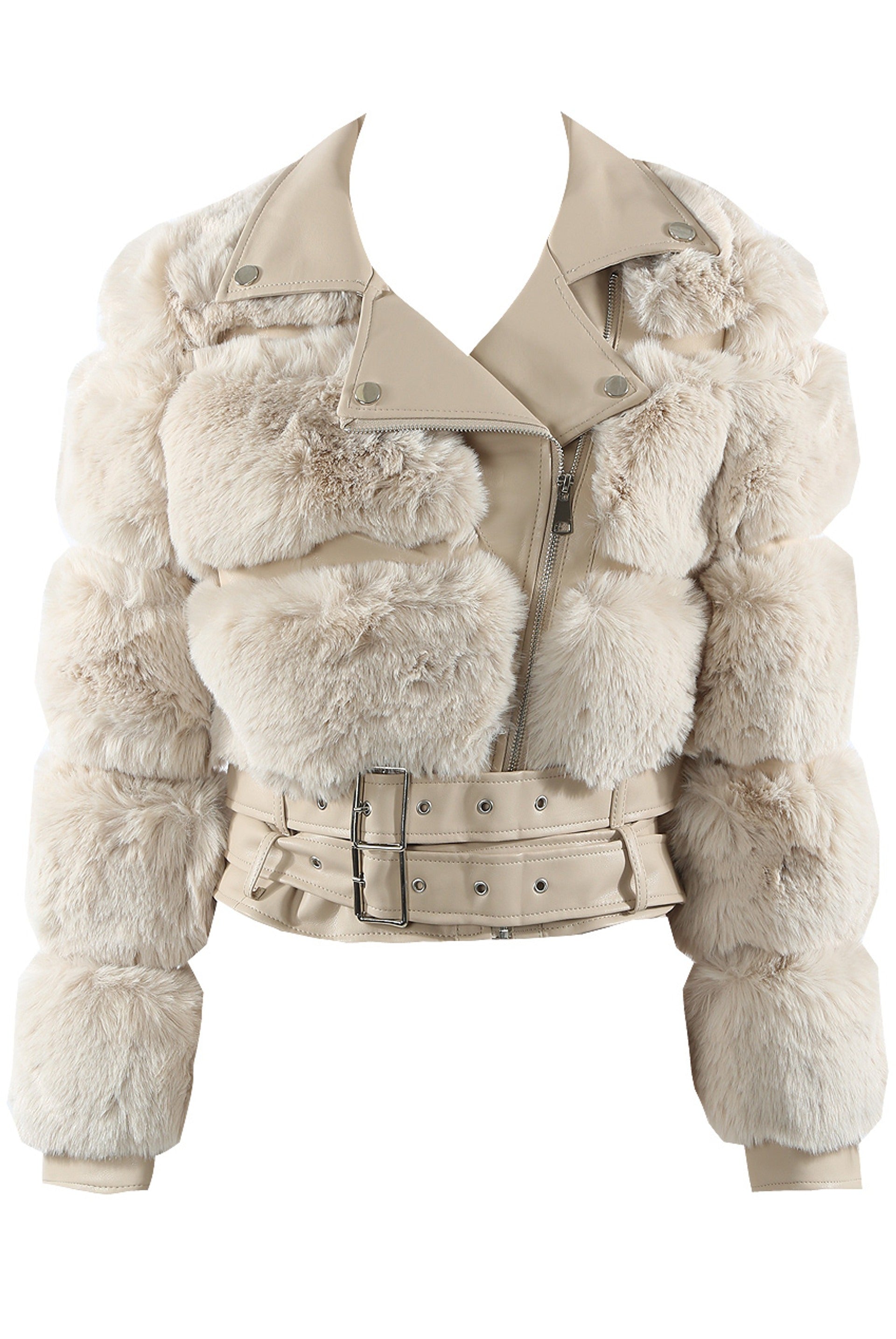 Beige Faux Fur Panel Biker Jacket - Penelope - Storm Desire