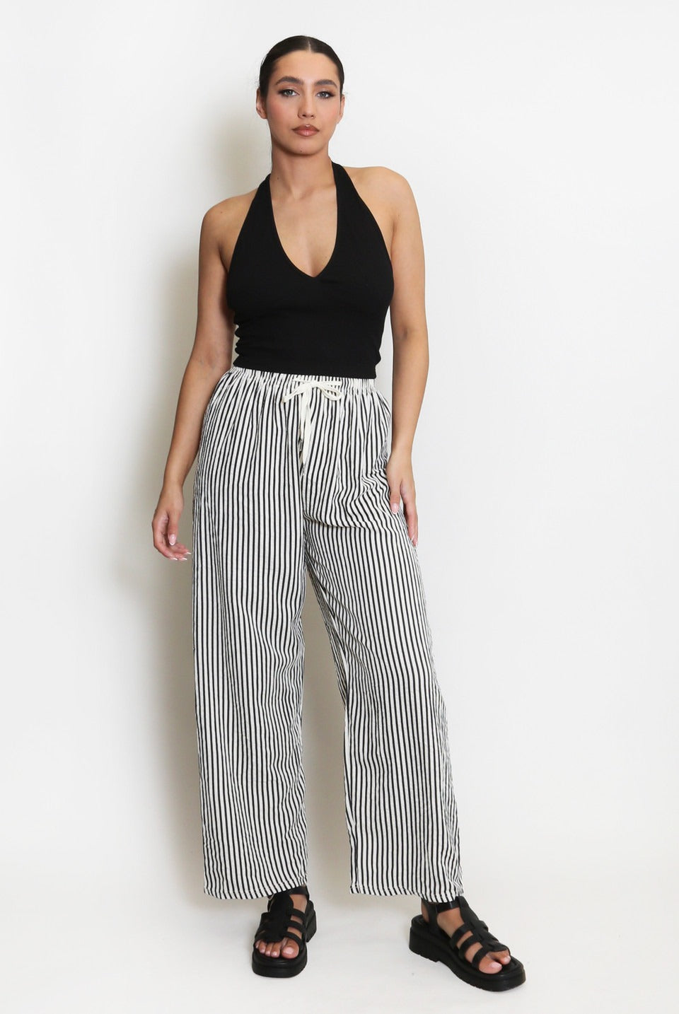 Off White Striped Casual Wide Leg Trouser - Milena