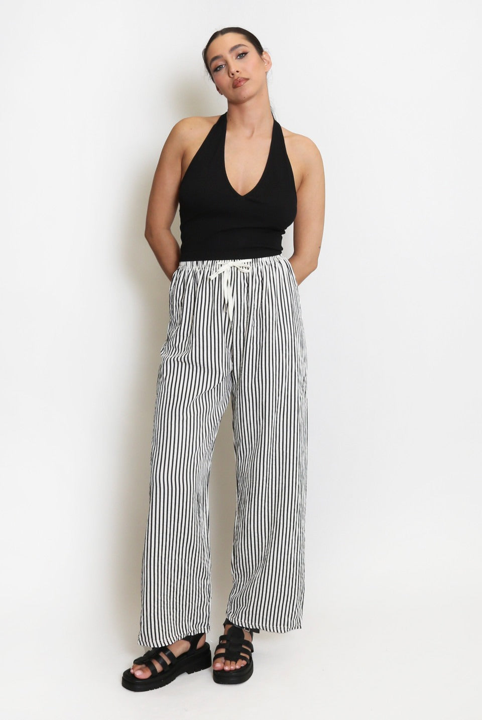 Off White Striped Casual Wide Leg Trouser - Milena