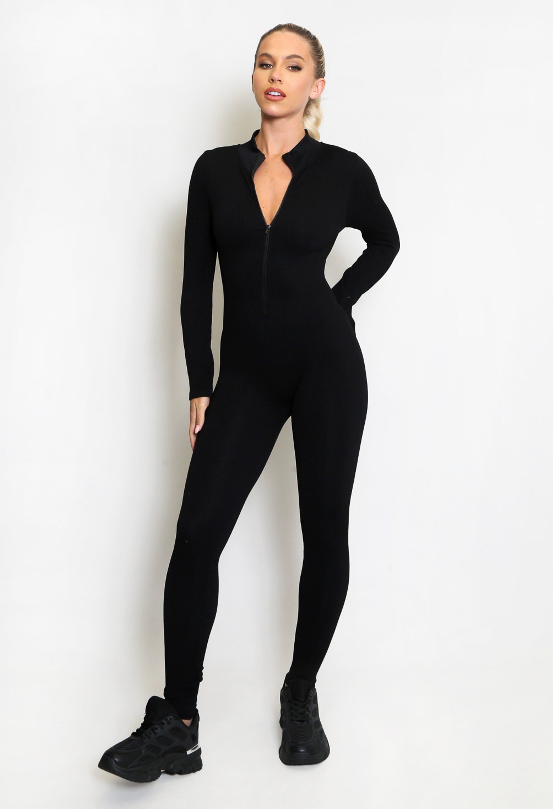 Black Ribbed High Neck Zip Front Unitard - Whitley - Storm Desire