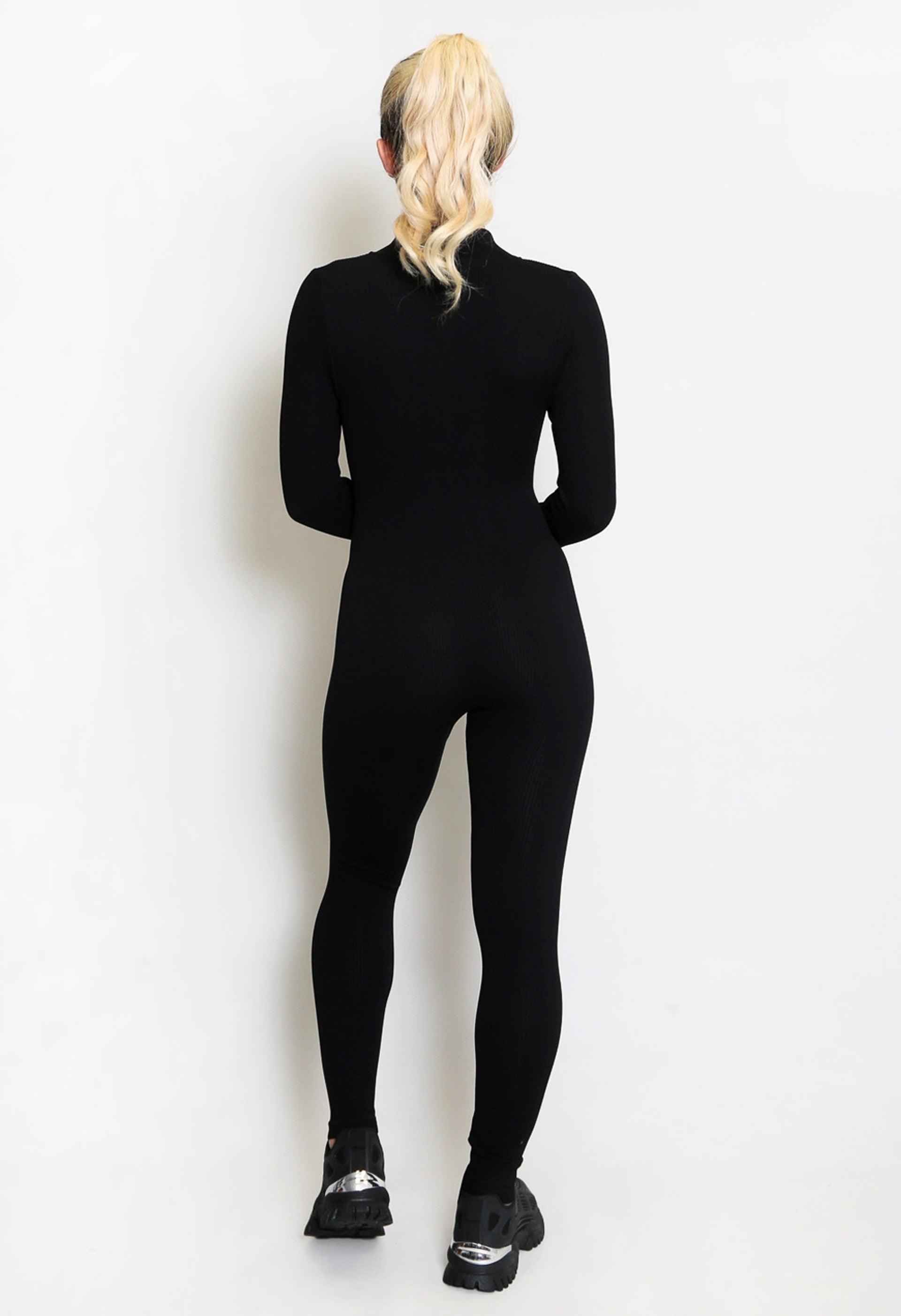 Black Ribbed High Neck Zip Front Unitard - Whitley - Storm Desire
