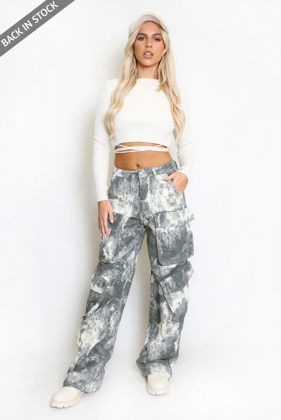 Grey White Tie Dye Cargo Jeans - Sapphire - Storm Desire