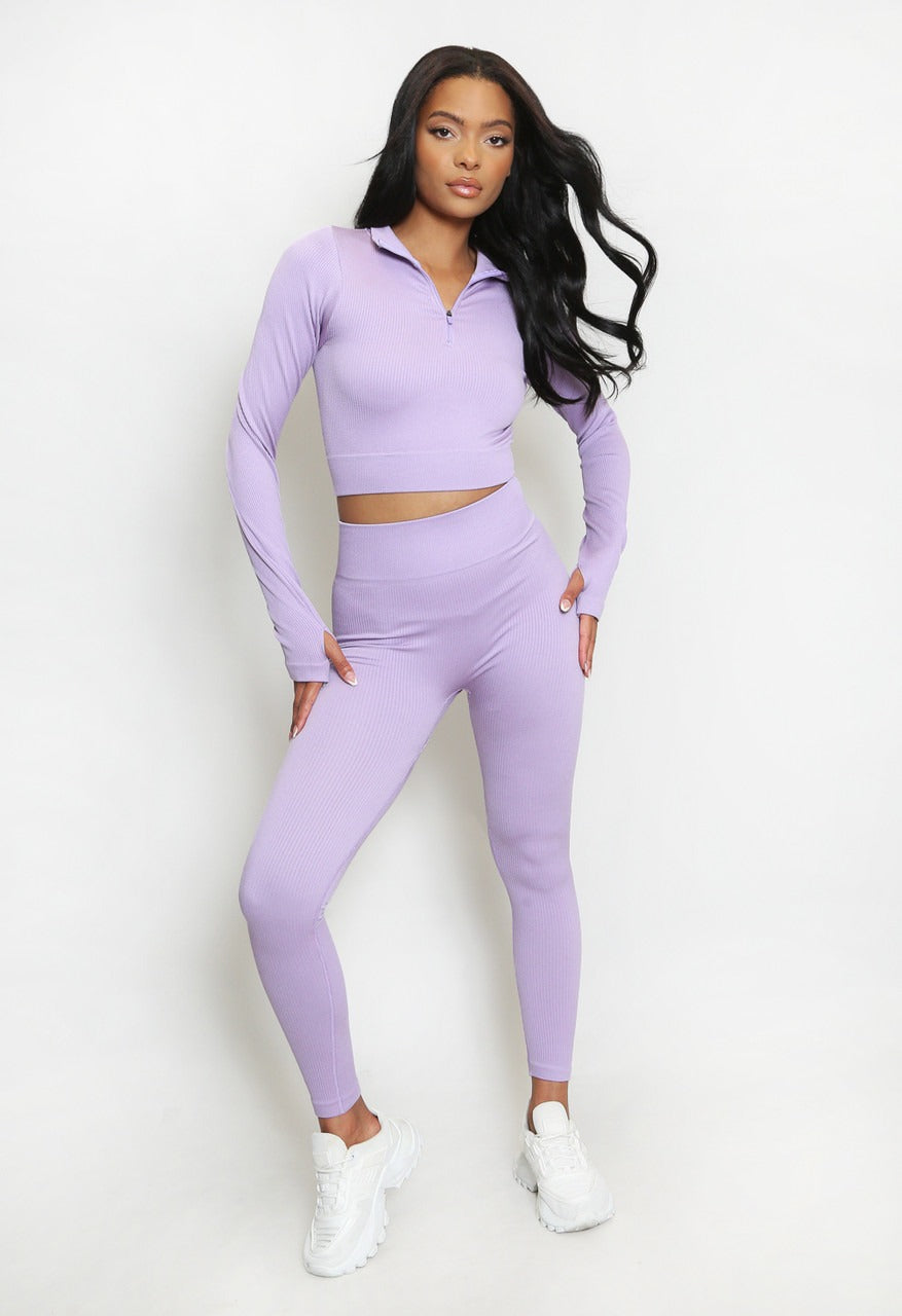 Lilac Active Ribbed Zip Top & Leggings Set - Ruby - Storm Desire