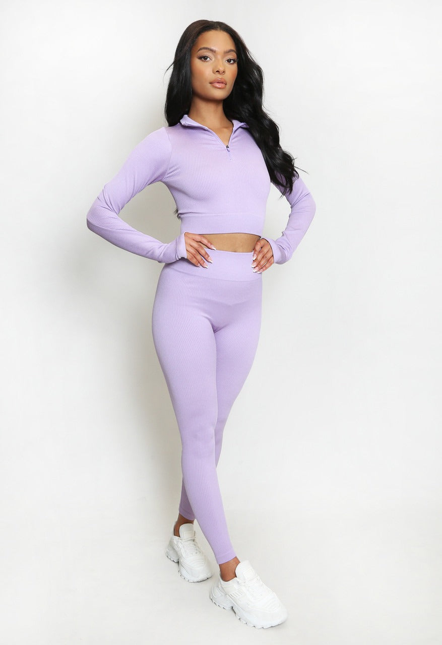 Lilac Active Ribbed Zip Top & Leggings Set - Ruby - Storm Desire