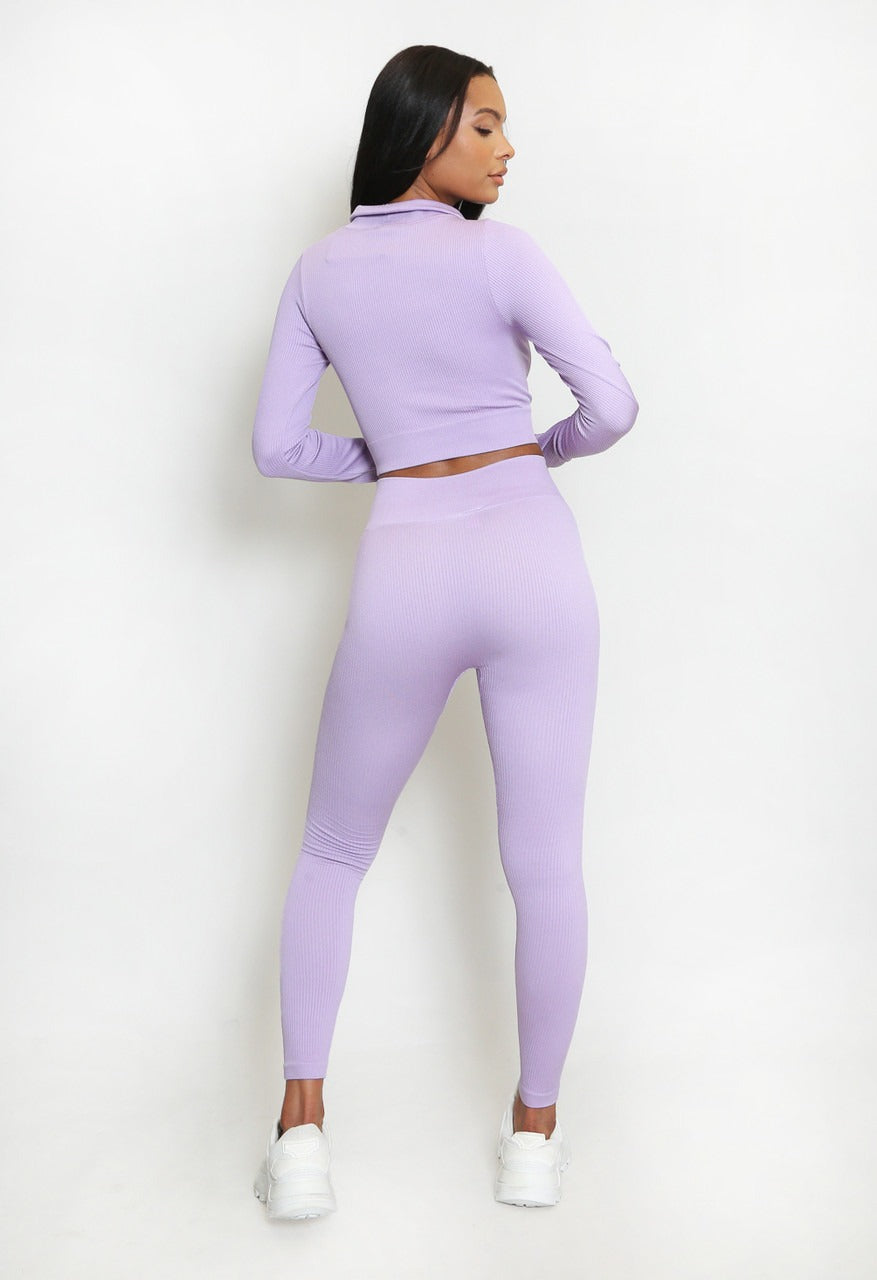 Lilac Active Ribbed Zip Top & Leggings Set - Ruby - Storm Desire