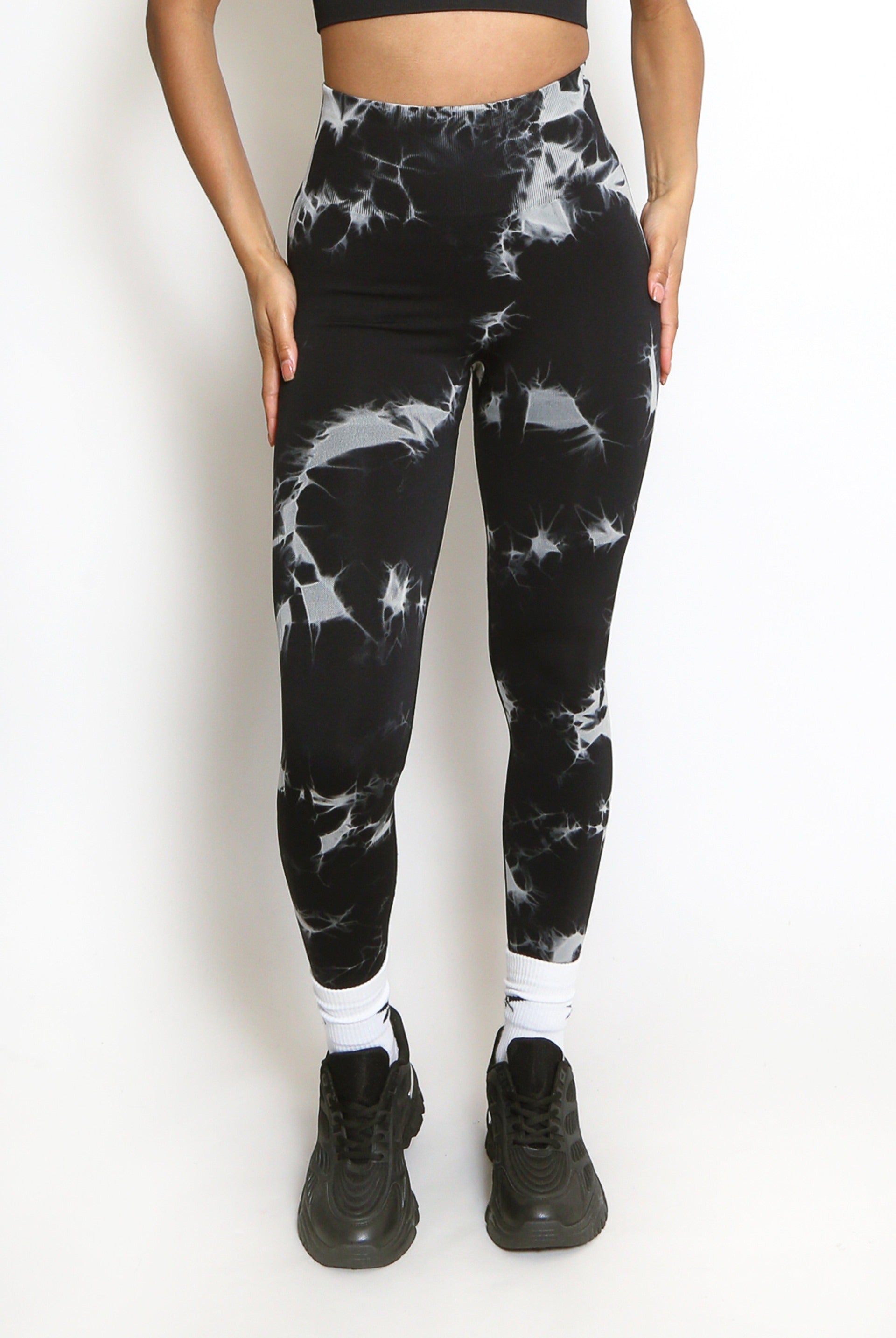 Black White Tie Dye Print Bum Sculpt Leggings - Cecilia - Storm Desire