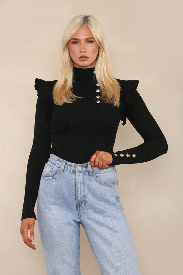 Black Gold Button Frill Ribbed Jumper - Arya - Storm Desire
