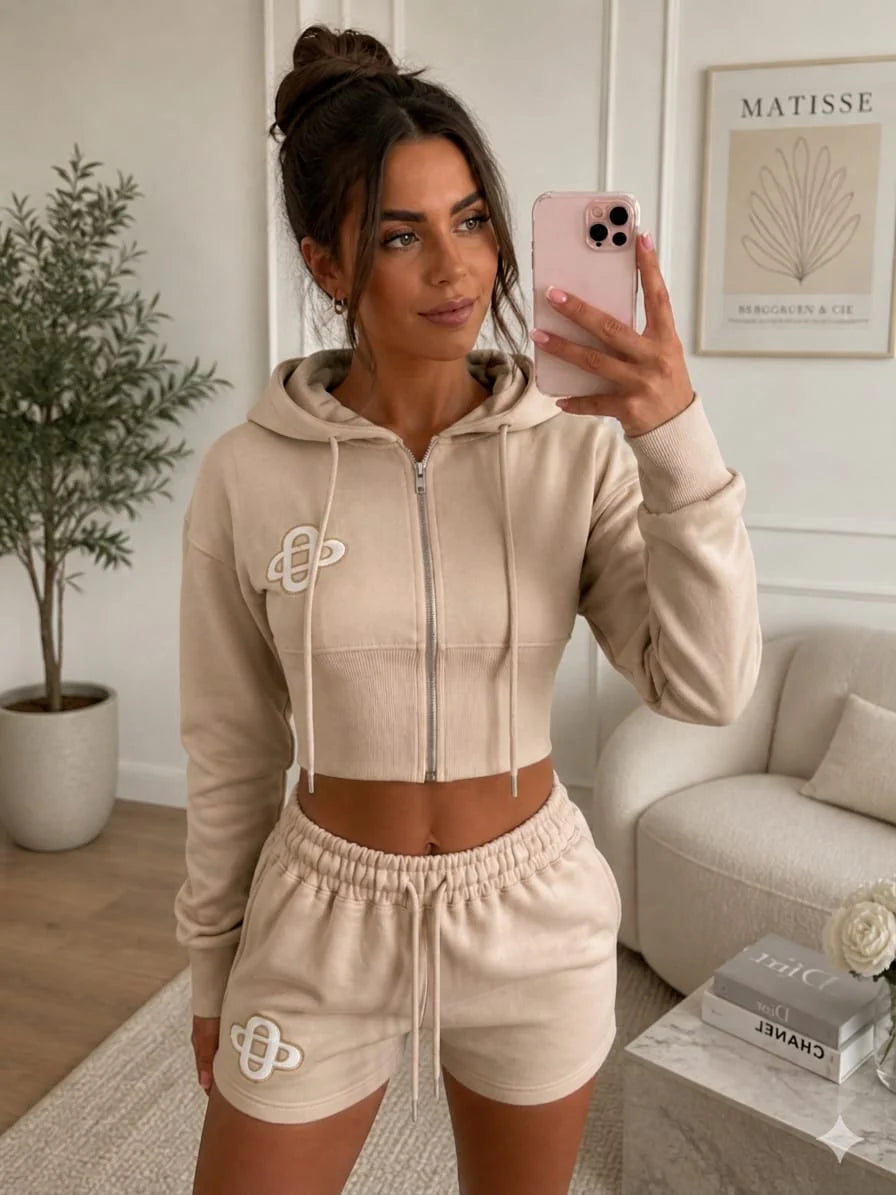 Embroidery Crop Zip Short Set - Cerys