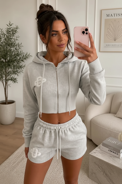 Embroidery Crop Zip Short Set - Cerys