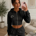 Black embroidery crop zip hoodie and matching drawstring shorts set