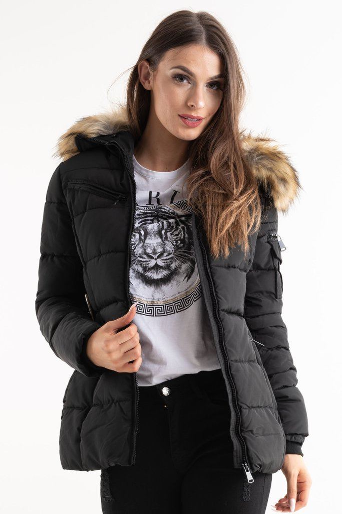 Black Belted Faux Fur Hood Quilted Puffer Jacket - Gracie - Storm Desire