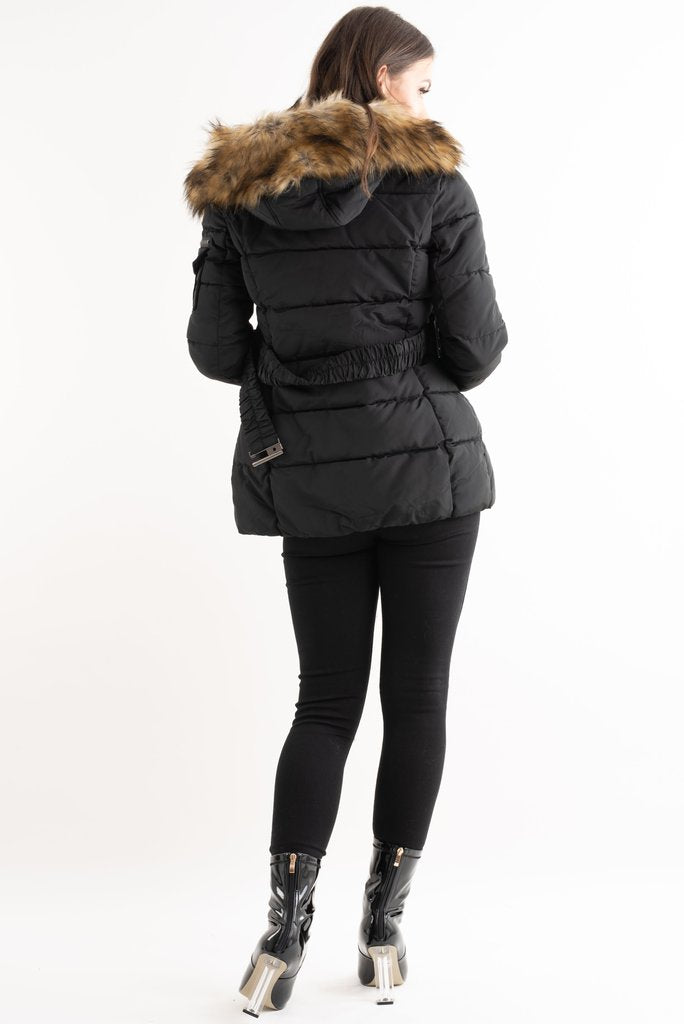 Black Belted Faux Fur Hood Quilted Puffer Jacket - Gracie - Storm Desire