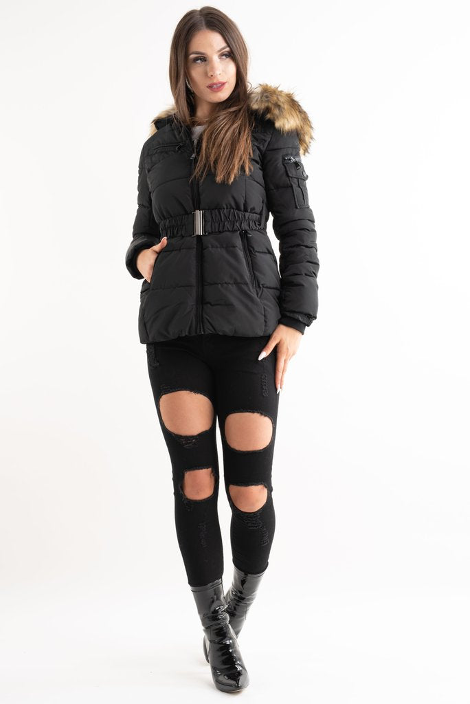 Black Belted Faux Fur Hood Quilted Puffer Jacket - Gracie - Storm Desire