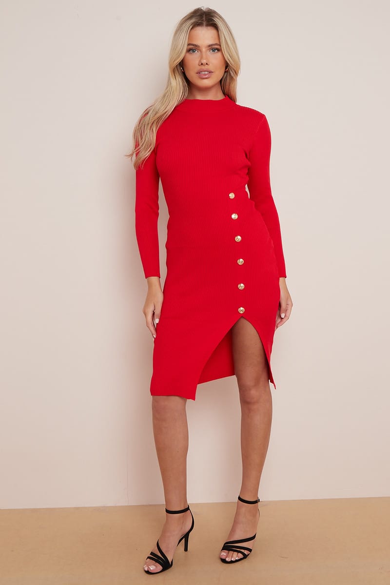 Red Gold Button Full Sleeve Knitted Slit Midi Dress  - Aubrie - Storm Desire