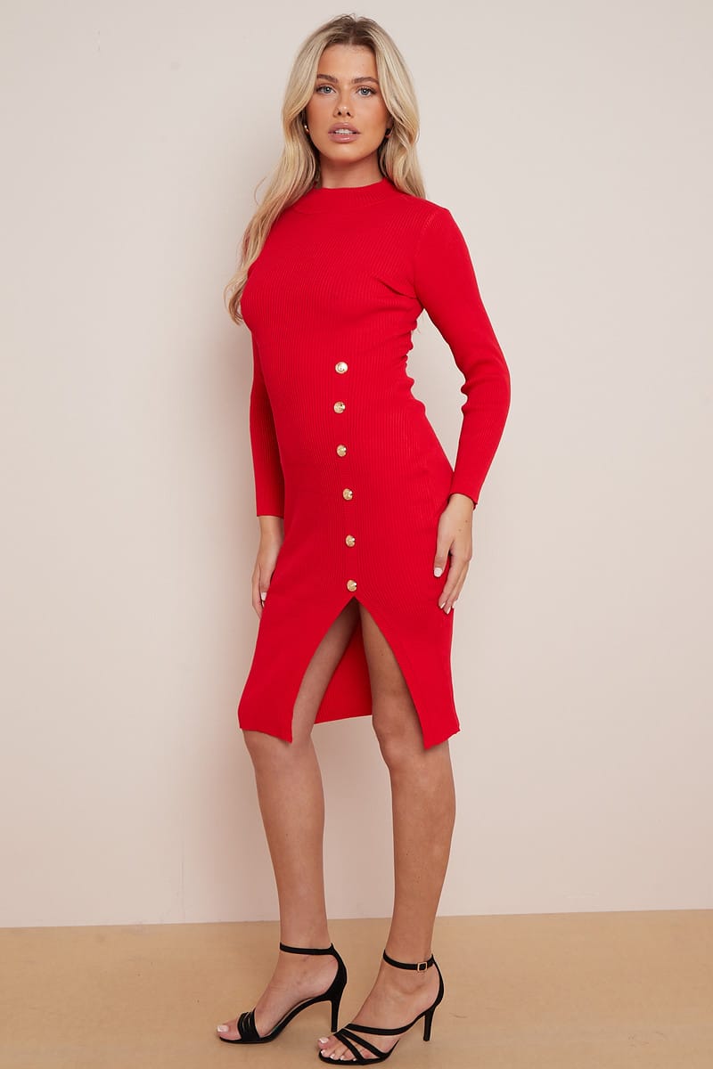 Red Gold Button Full Sleeve Knitted Slit Midi Dress  - Aubrie - Storm Desire