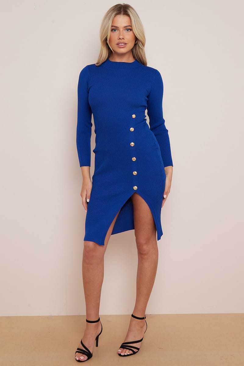 Royal Blue Gold Button Full Sleeve Knitted Slit Midi Dress  - Aubrie - Storm Desire