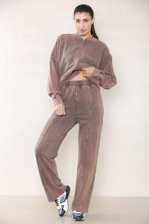 Acid Wash Bomber Style Oversize Fleece Zipper & Jogger Set - Sara - Storm Desire