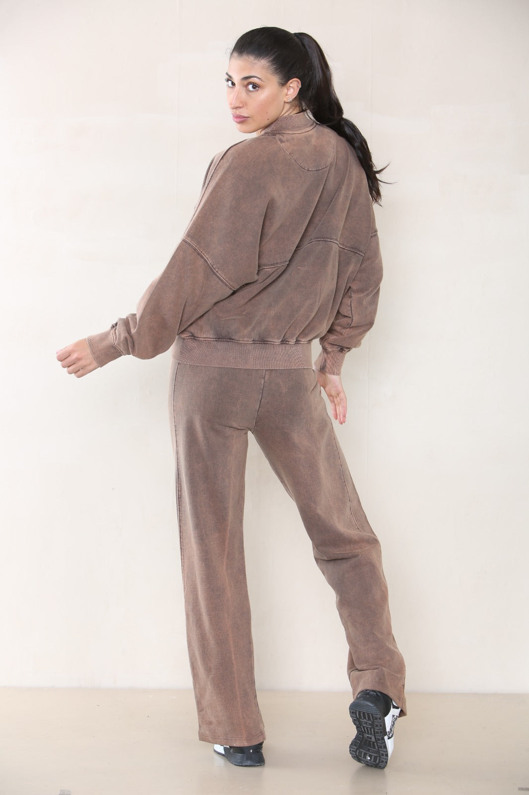 Acid Wash Bomber Style Oversize Fleece Zipper & Jogger Set - Sara - Storm Desire
