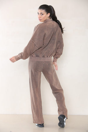 Acid Wash Bomber Style Oversize Fleece Zipper & Jogger Set - Sara - Storm Desire