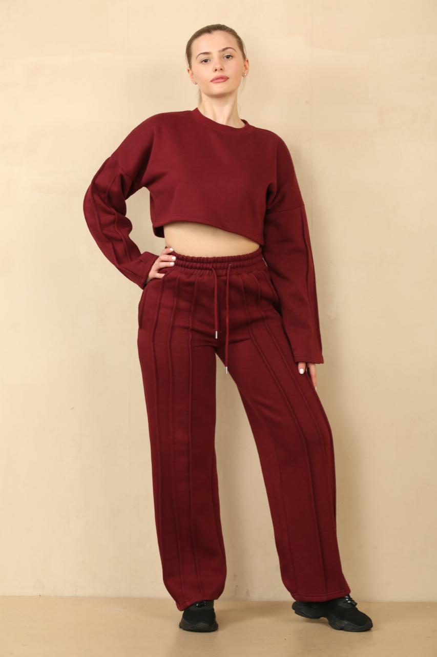 Wine Baggy Crop Top And Flare Joggers Loungewear Set - Jamie - Storm Desire
