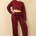Wine/burgundy long-sleeve crop top and drawstring joggers set with elastic waist
