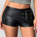 Black Buckle Detail PU Hot Pants - Kiki