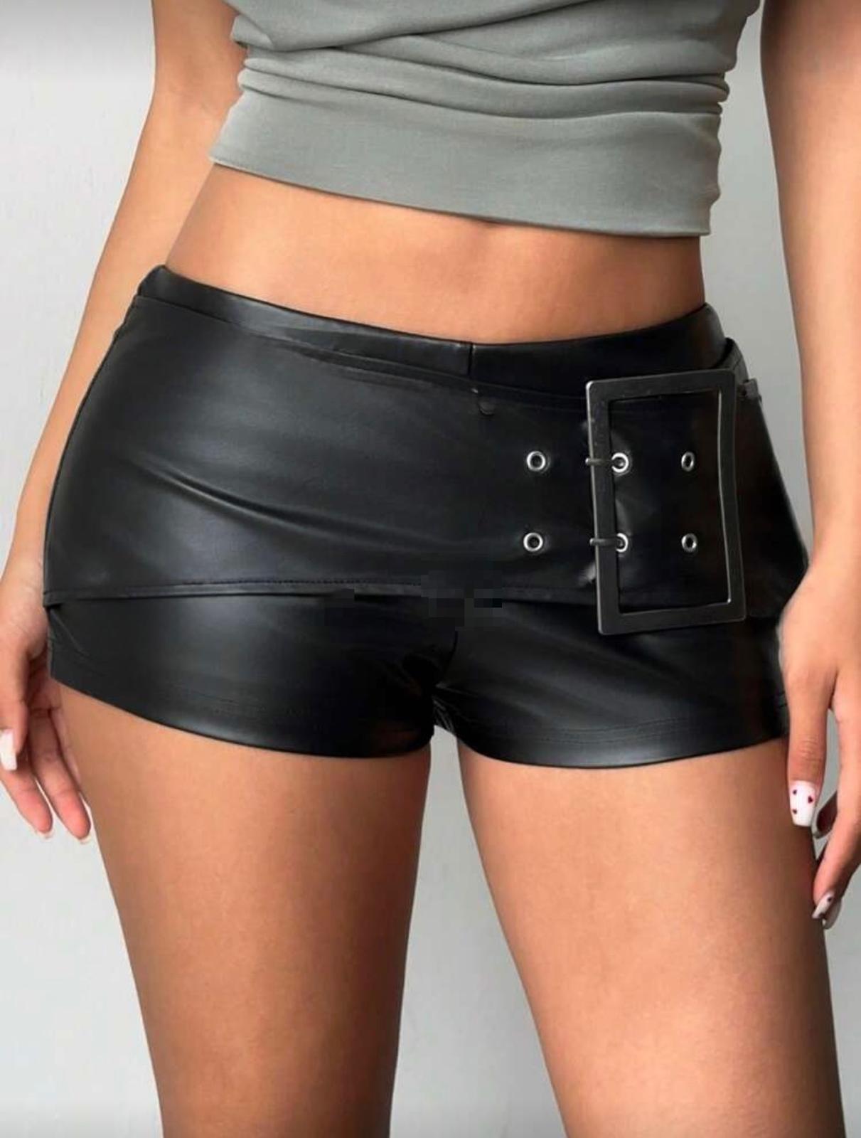 Black Buckle Detail PU Hot Pants - Kiki