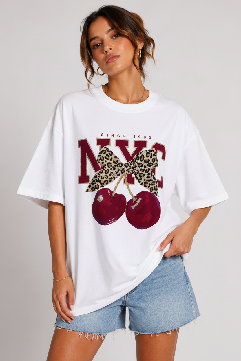 Oversized NYC Cherry Graphic T-Shirt -  Evie