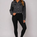 Dark gray cropped distressed denim jacket with button front and chest pockets