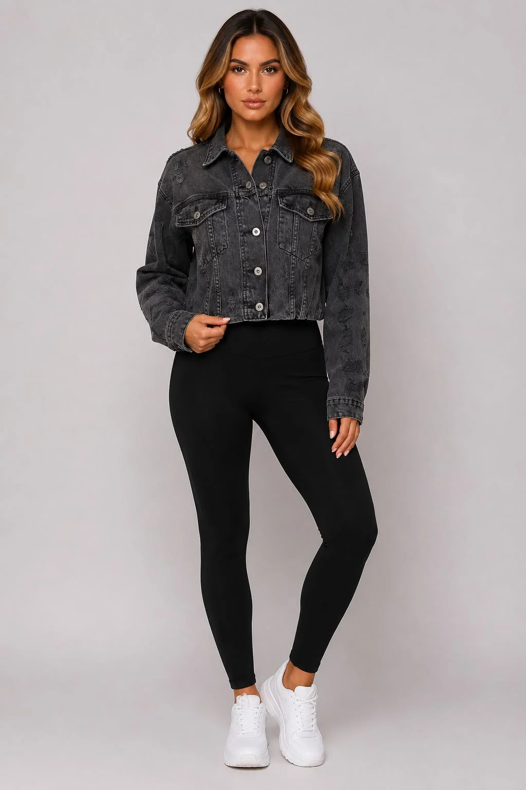 Dark gray cropped distressed denim jacket with button front and chest pockets