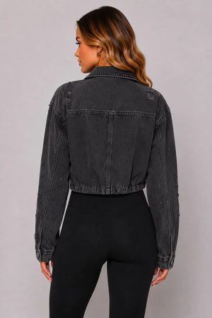 Dark gray cropped distressed denim jacket back view with two button panels