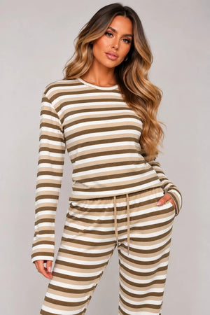 Beige and white striped long-sleeve top and matching drawstring trousers, front view