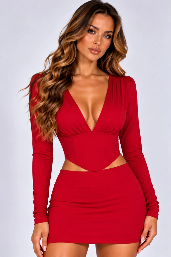 Red plunge-neck long-sleeve top and mini skirt co-ord set, close-up