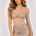 Beige sequin mesh bodycon mini dress with high neckline and long sleeves