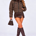 Brown cropped hooded puffer jacket with two front patch pockets