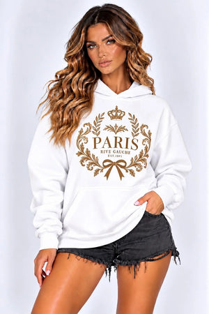 Oversized white hoodie with Paris crest print, drawstring hood and front pocket