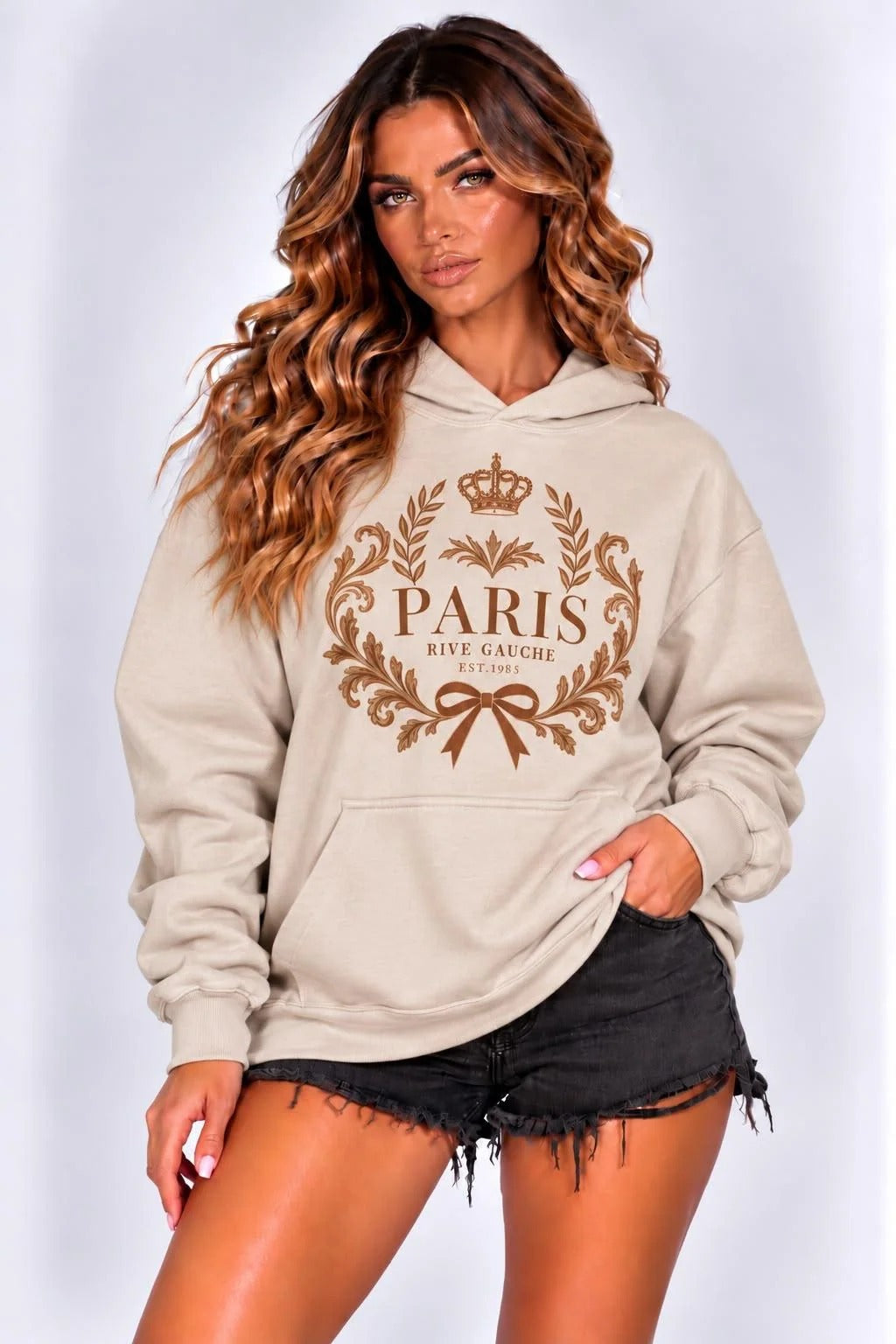 Oversized beige hoodie with Paris crest print, drawstring hood and front pocket