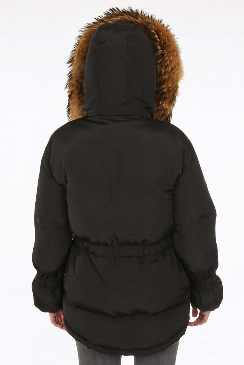 Black Natural Fur Hood Attentif Tie Up Puffer Jacket - Jemima - Storm Desire