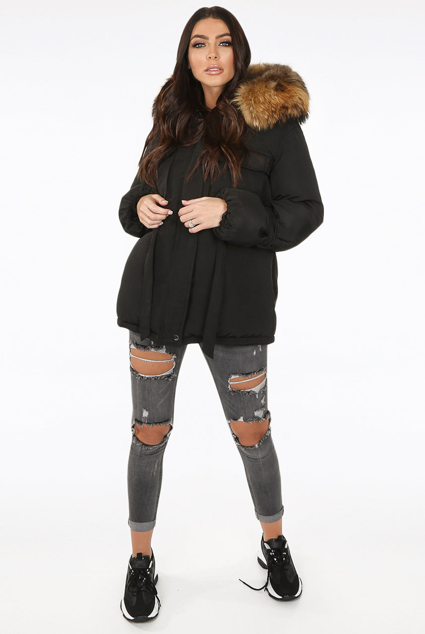 Black Natural Fur Hood Attentif Tie Up Puffer Jacket - Jemima - Storm Desire