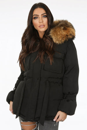 Black Natural Fur Hood Attentif Tie Up Puffer Jacket - Jemima - Storm Desire