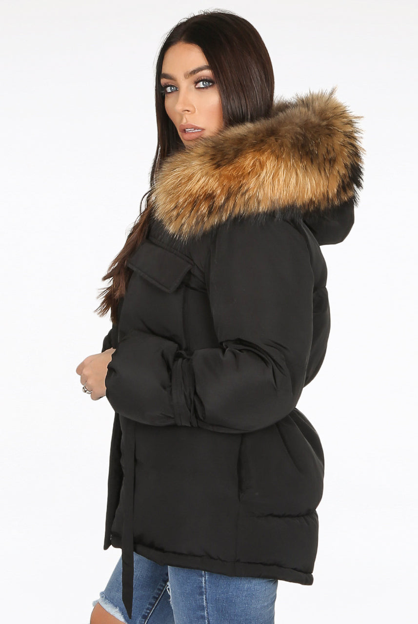 Black Natural Fur Hood Attentif Tie Up Puffer Jacket - Jemima - Storm Desire