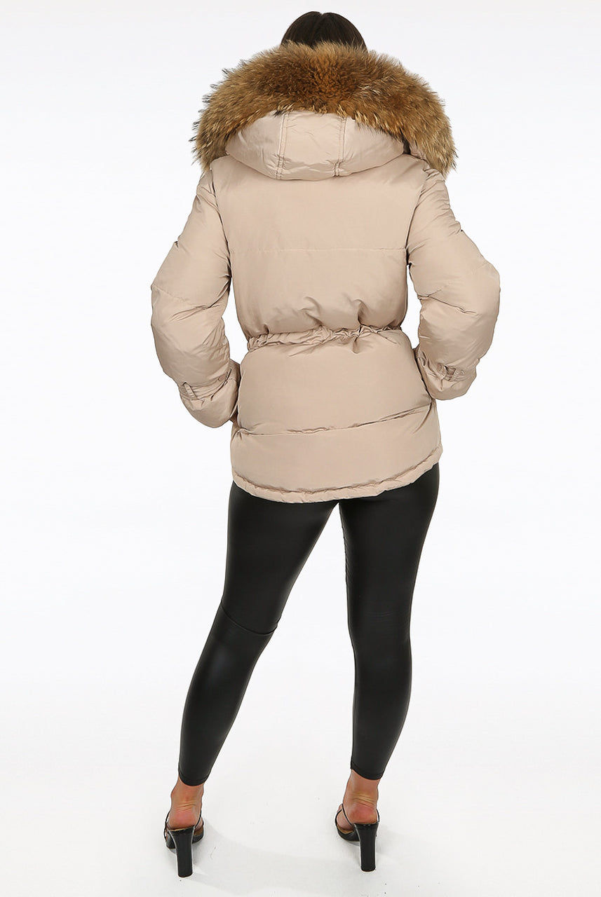 Beige Natural Fur Hood Attentif Puffer Jacket - Jemima - Storm Desire