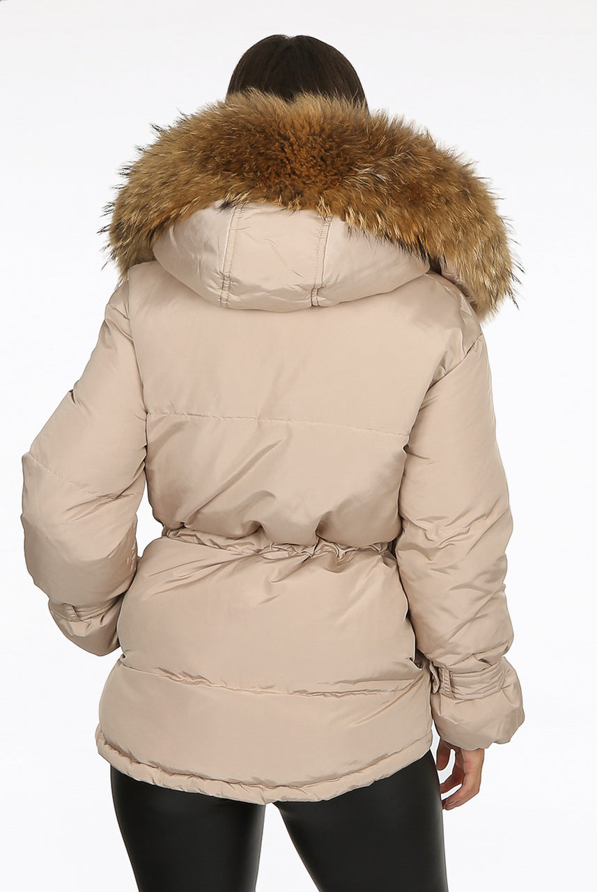 Beige Natural Fur Hood Attentif Puffer Jacket - Jemima - Storm Desire